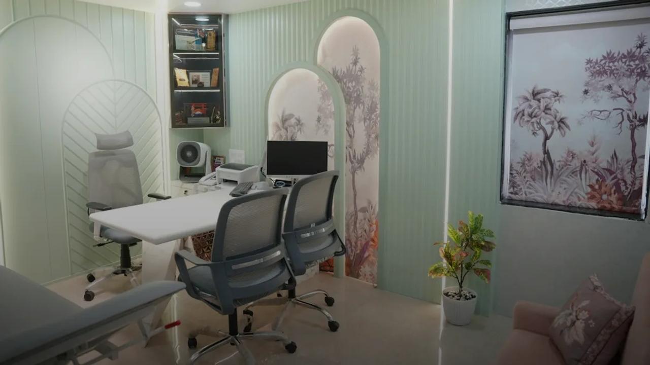 Modern office with desk, chairs, and computer