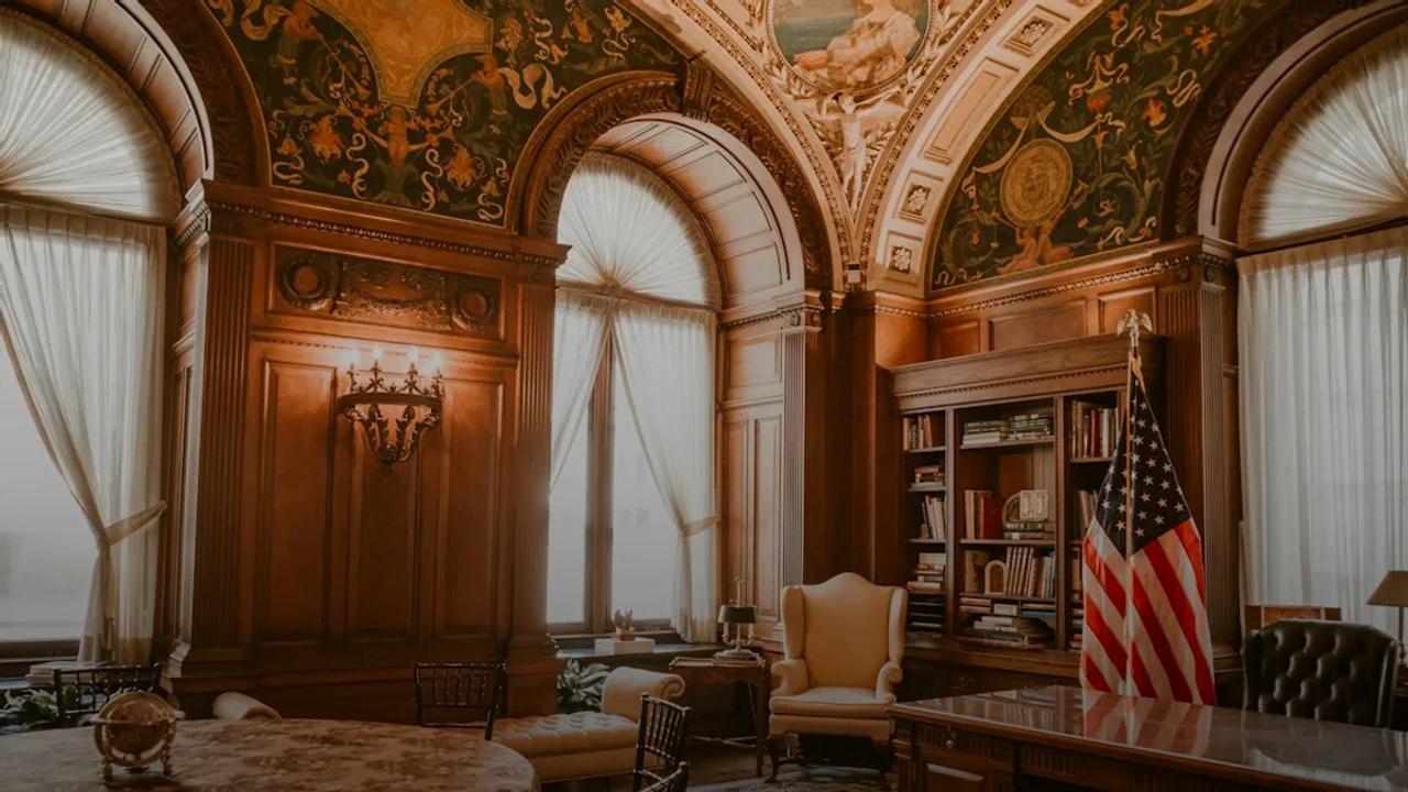 Ornate office with american flag and antique furniture