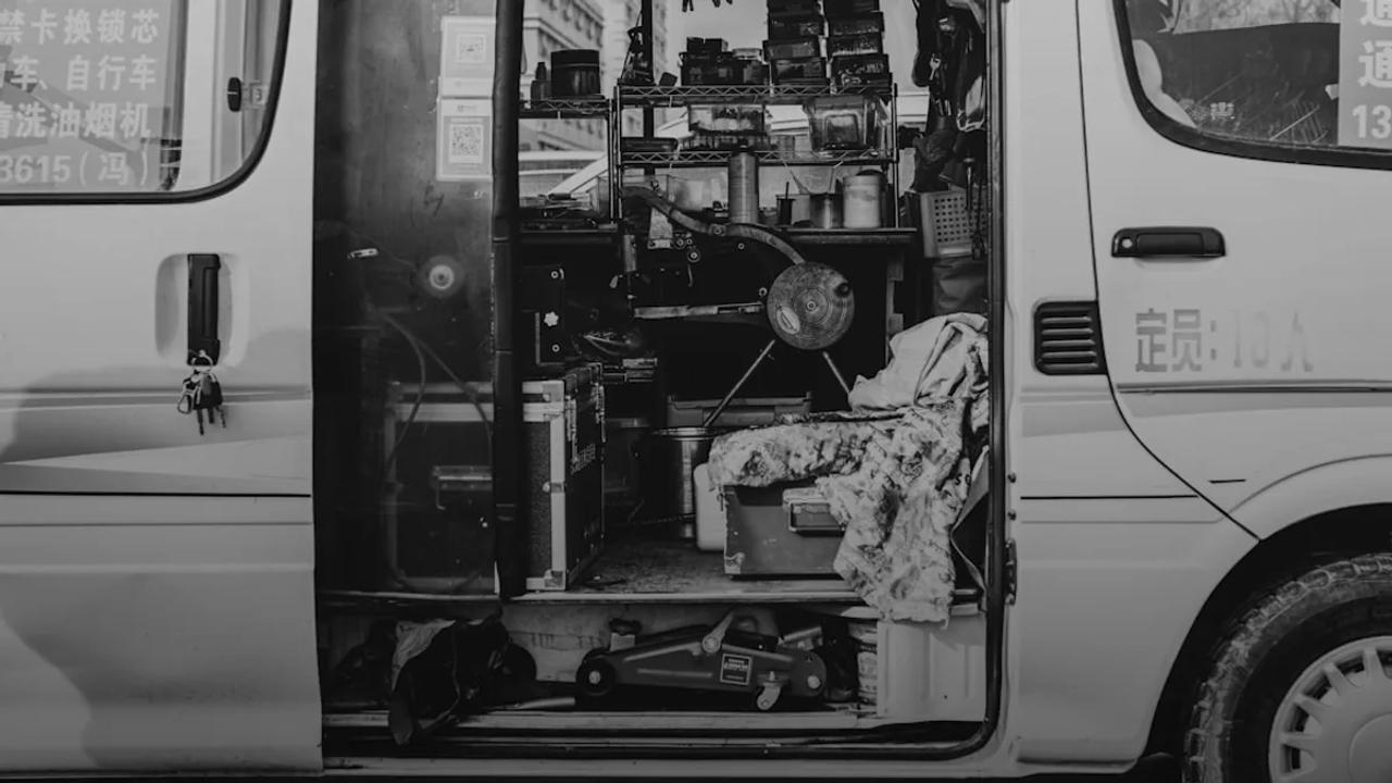 Van interior converted into a mobile workshop.