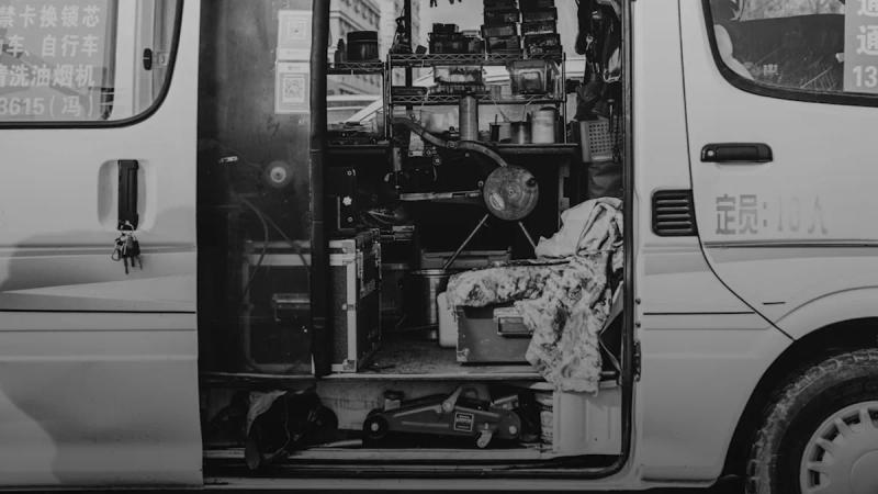 Van interior converted into a mobile workshop.