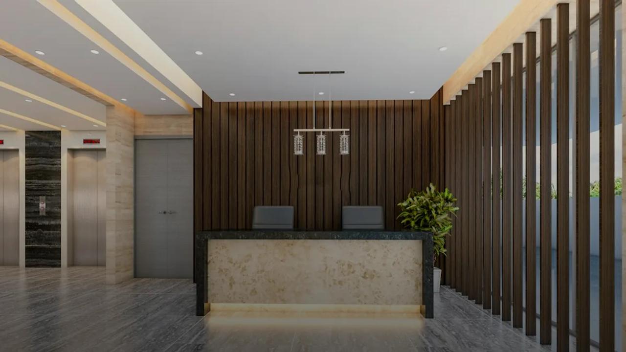 Modern lobby with reception desk and elevators