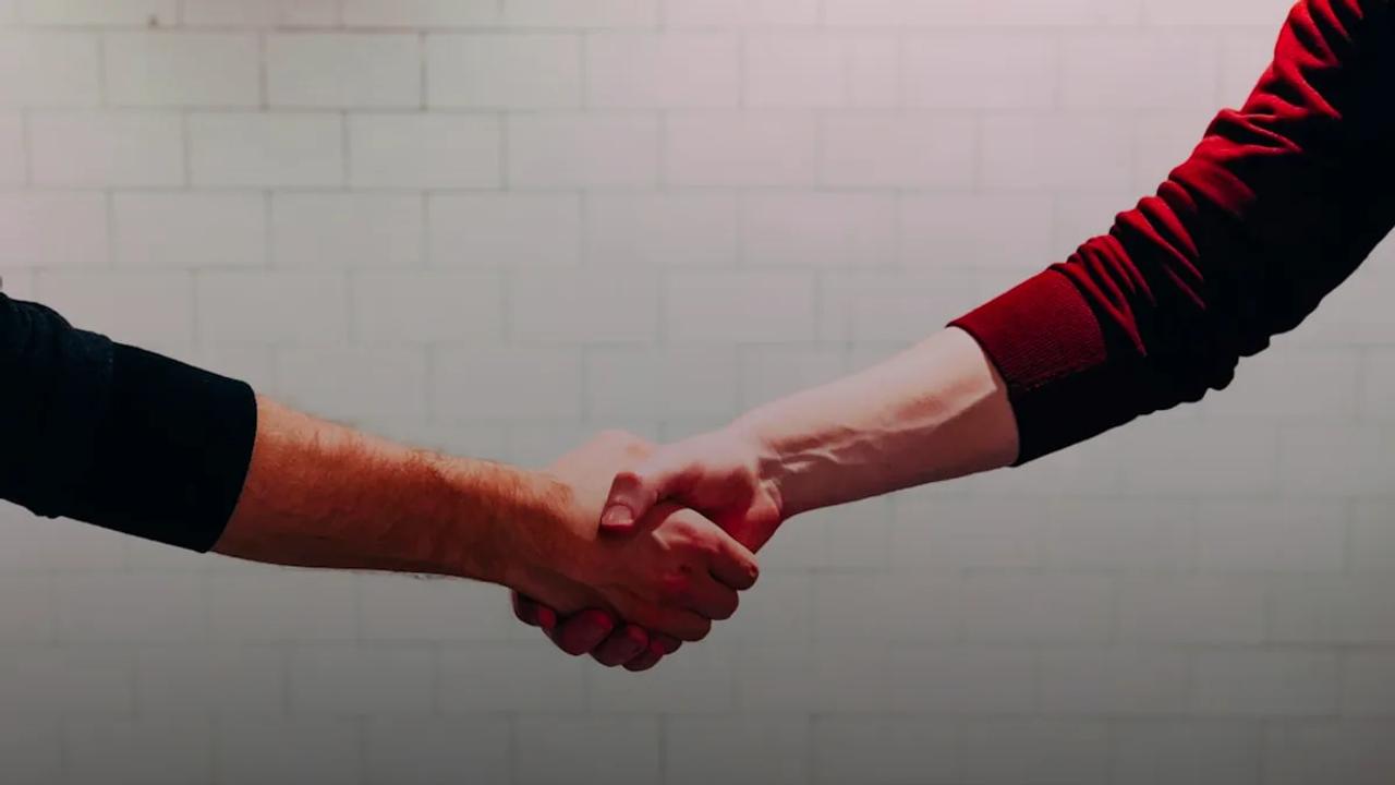 two person shaking hands near white painted wall