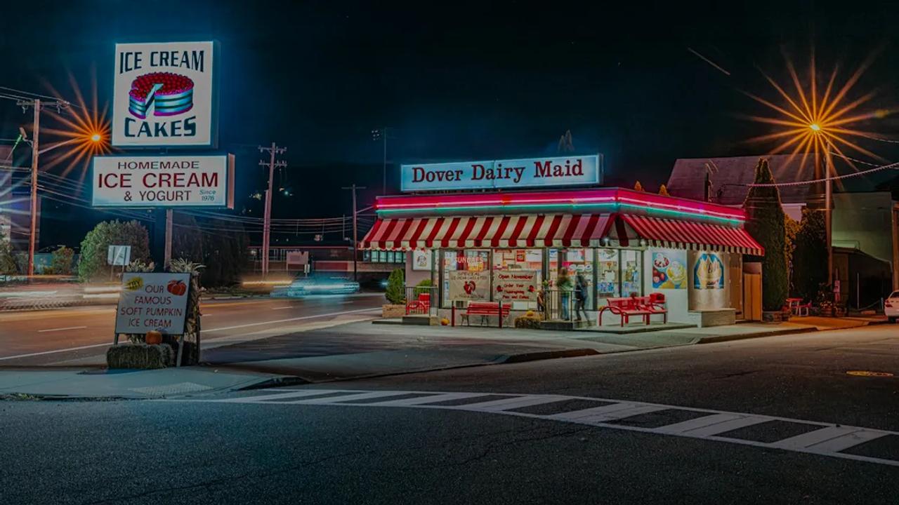 Diner dairy maid ice cream shop at night