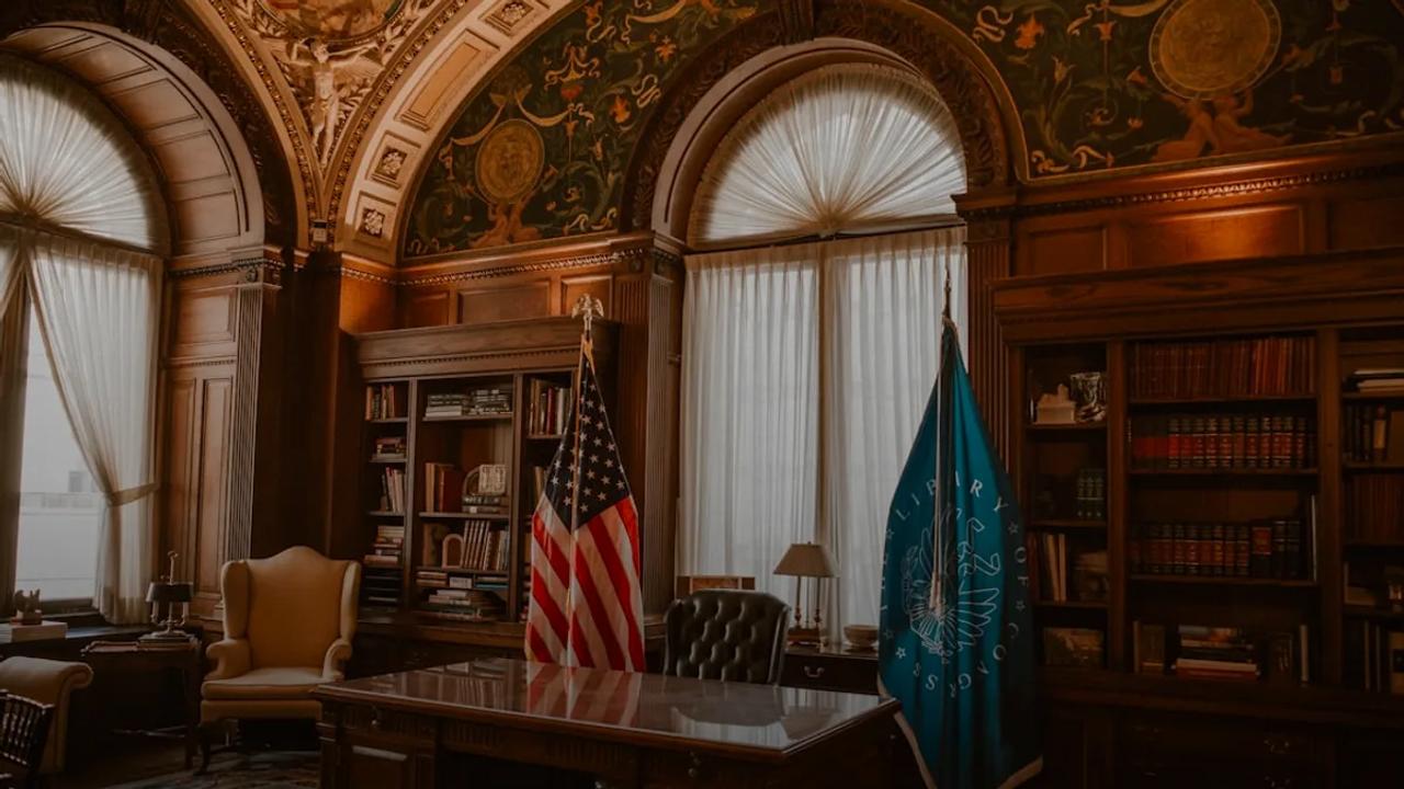 Grand office with flags and bookshelves